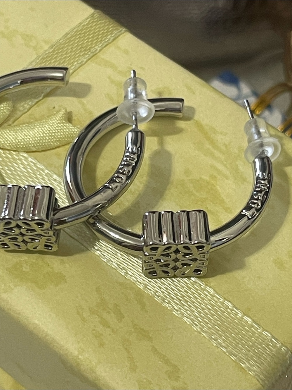 Loewe Silver Hoop Earrings with Decorative Cube Accent